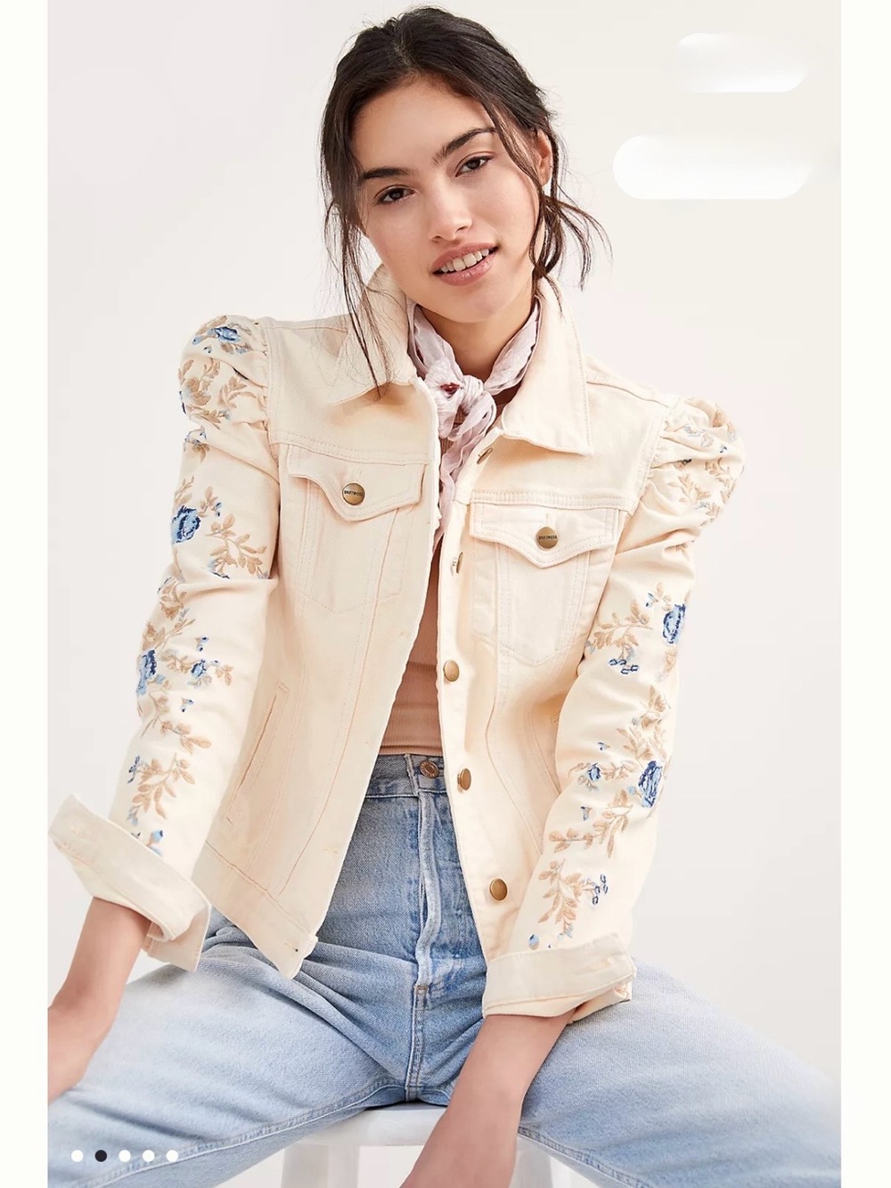 DRIFTWOOD Cream Denim Jacket with Blue & Tan Floral Embroidery